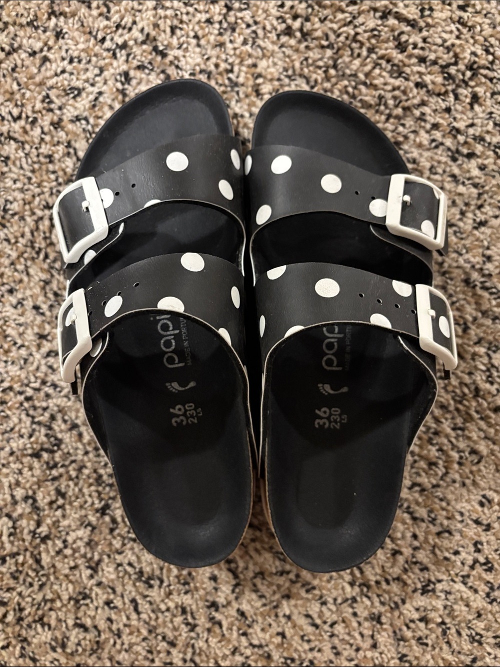 Birkenstock Black and White Polka Dot Two-Strap Slide Sandals
